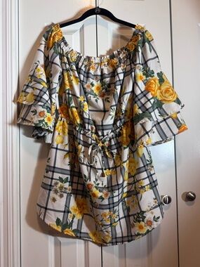 Hint of Blush Floral Off Shoulder Mini Dress Large Boho Ruffle Sleeve